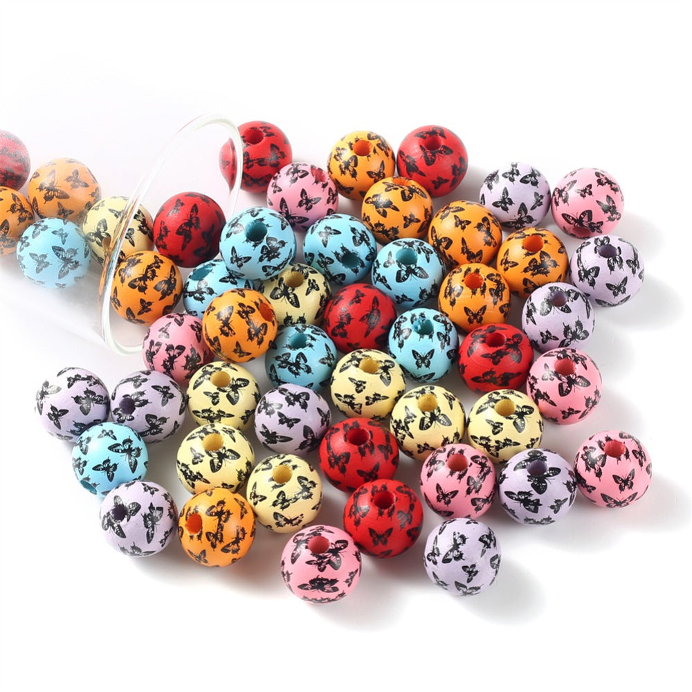 16 mm Colorful Butterfly Print Wooden Beads