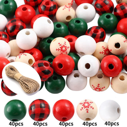 200-Piece 16 mm Mixed Christmas Wooden Beads with Hemp Rope