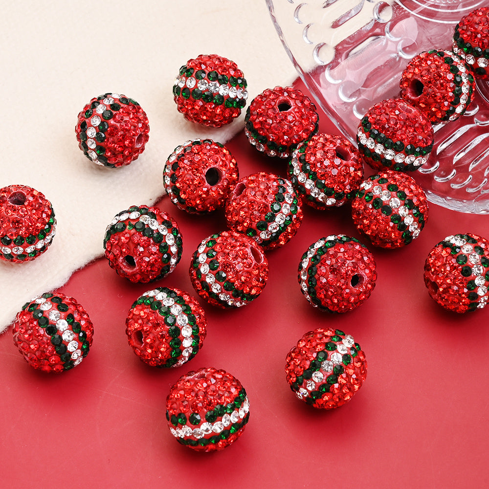 Red Striped Round Acrylic Faux Diamond Beads