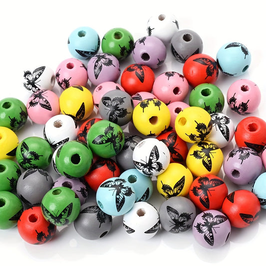 10PCS 15mm Multicolor Butterfly Pattern Wooden Bead Set
