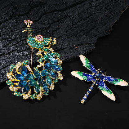 1-Piece Rhinestone Peacock & Enamel Dragonfly Brooch