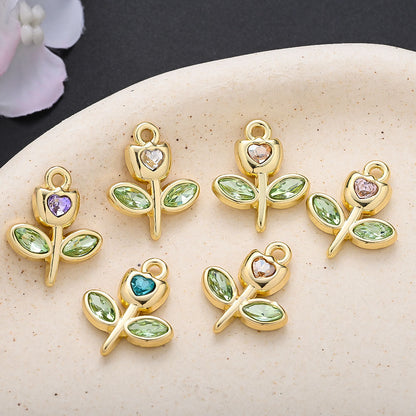 Rhinestone Heart Tulip Leaf Alloy Charms