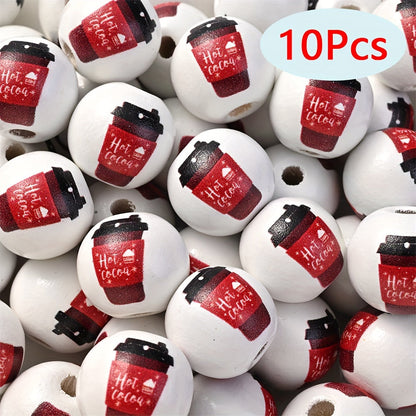 10PCS 16mm Coffee-Themed Wooden Bead Set