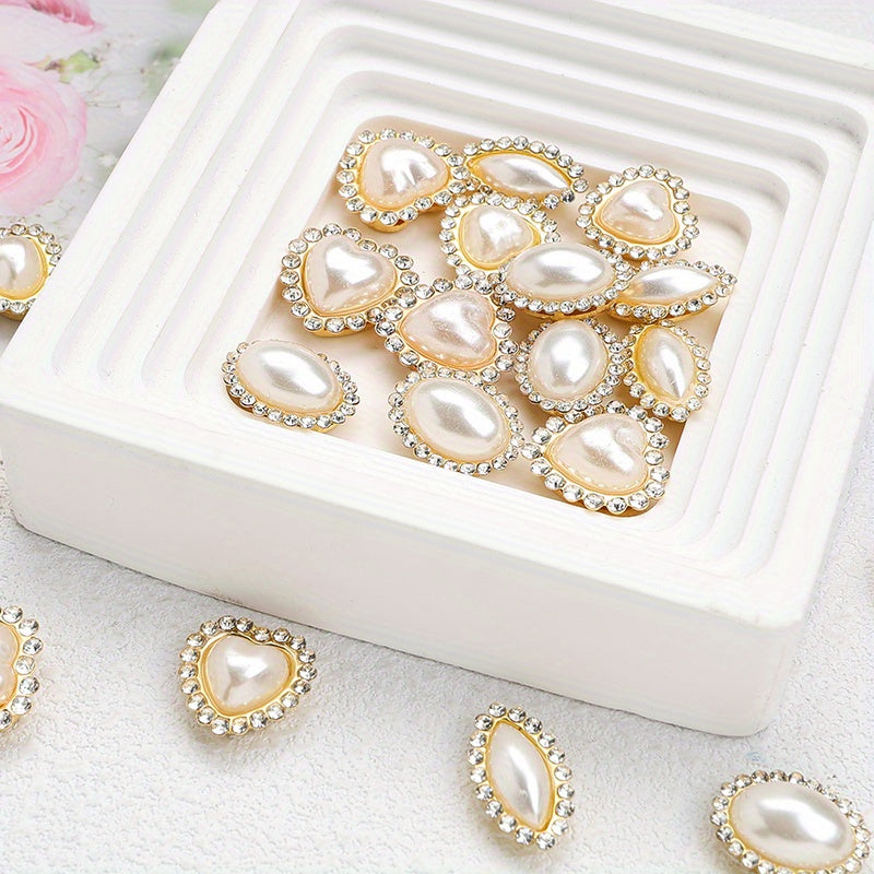 White Heart and Teardrop Rhinestone Pearl Cabochons