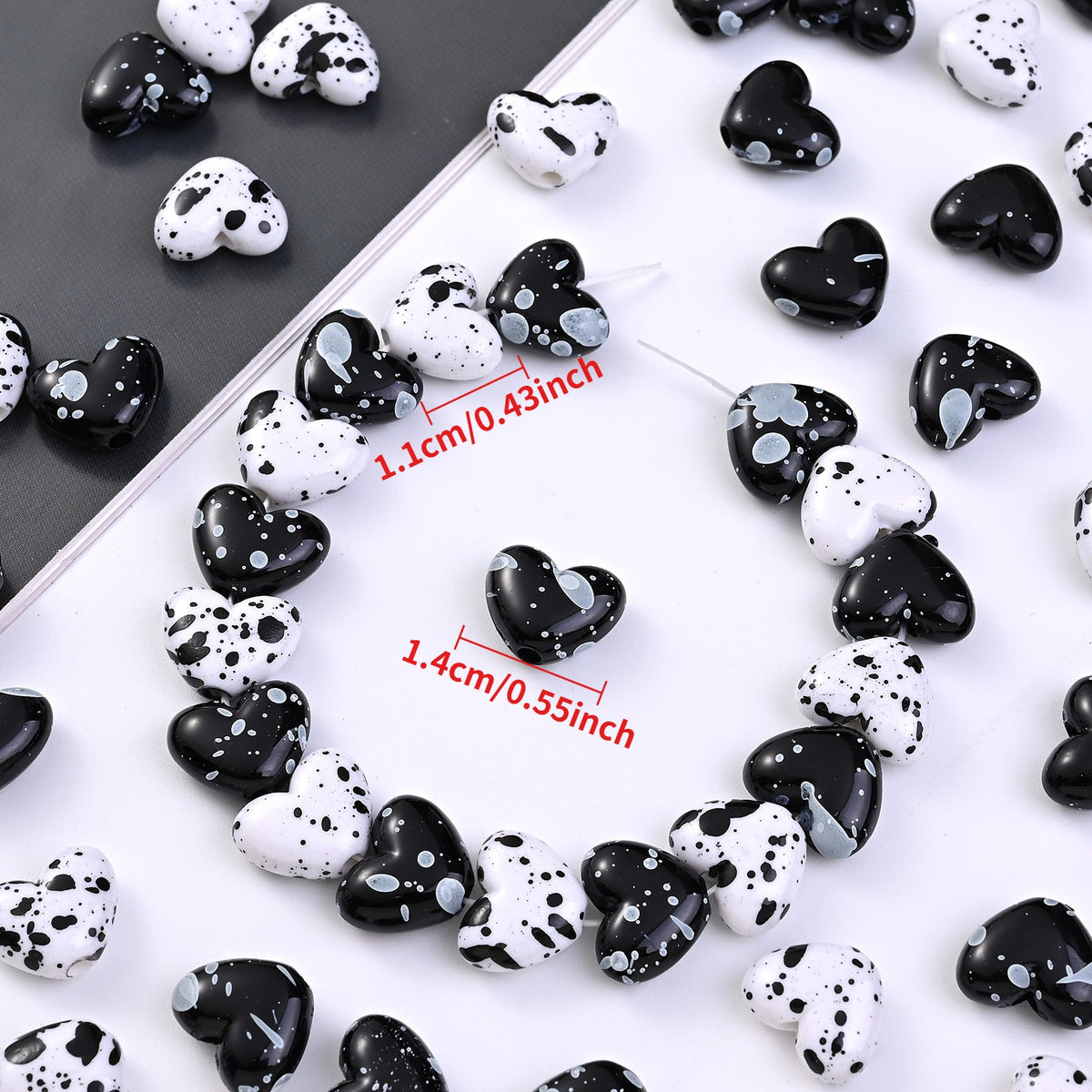 Black White Speckled Heart Acrylic Spacer Beads