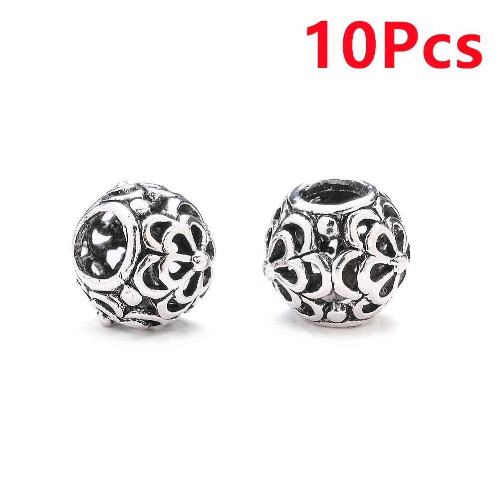 10PCS 9×11mm Retro Silver Hollow Alloy Bead Set