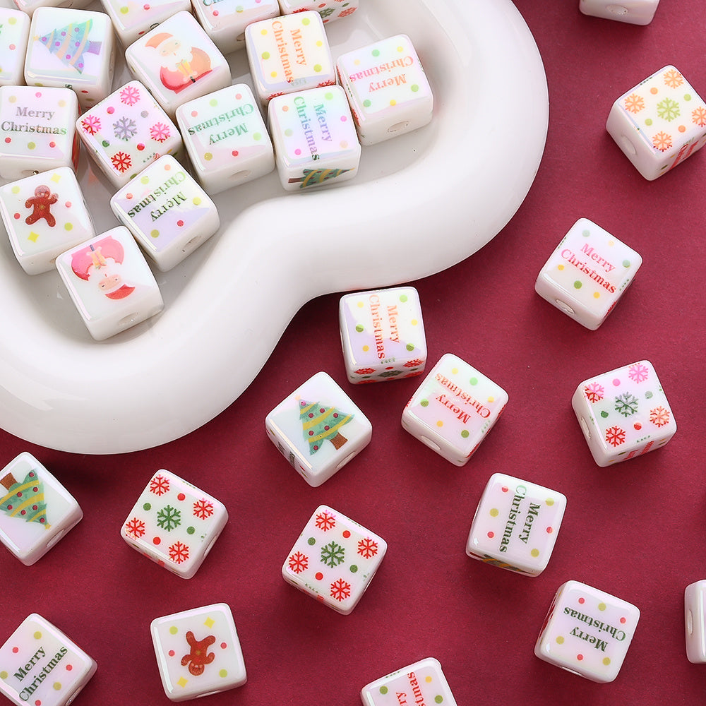 10PCS 14mm Multicolor Christmas Printed Square Acrylic Bead Set