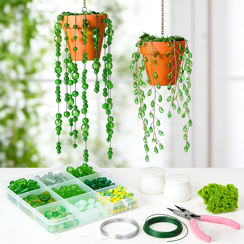 Green Plant-Themed Glass and Acrylic Bead Set