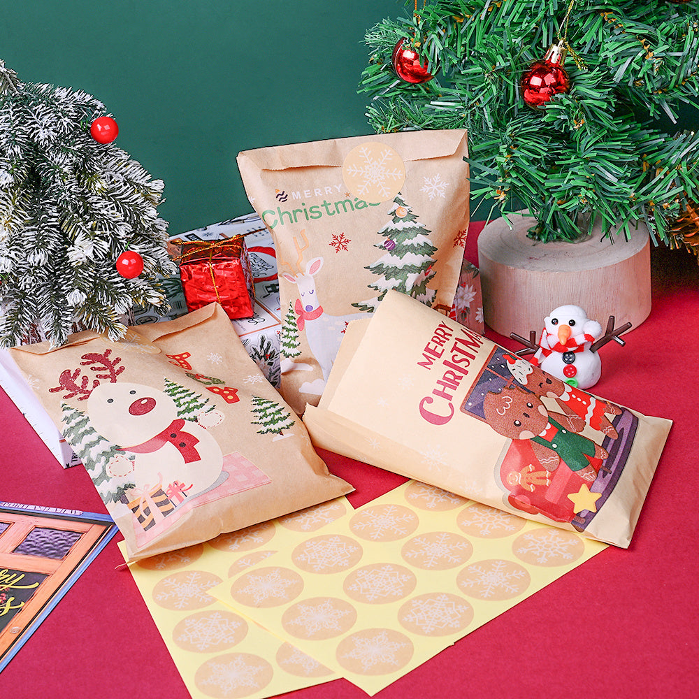 Christmas Kraft Paper Gift Bags with Sealing Stickers