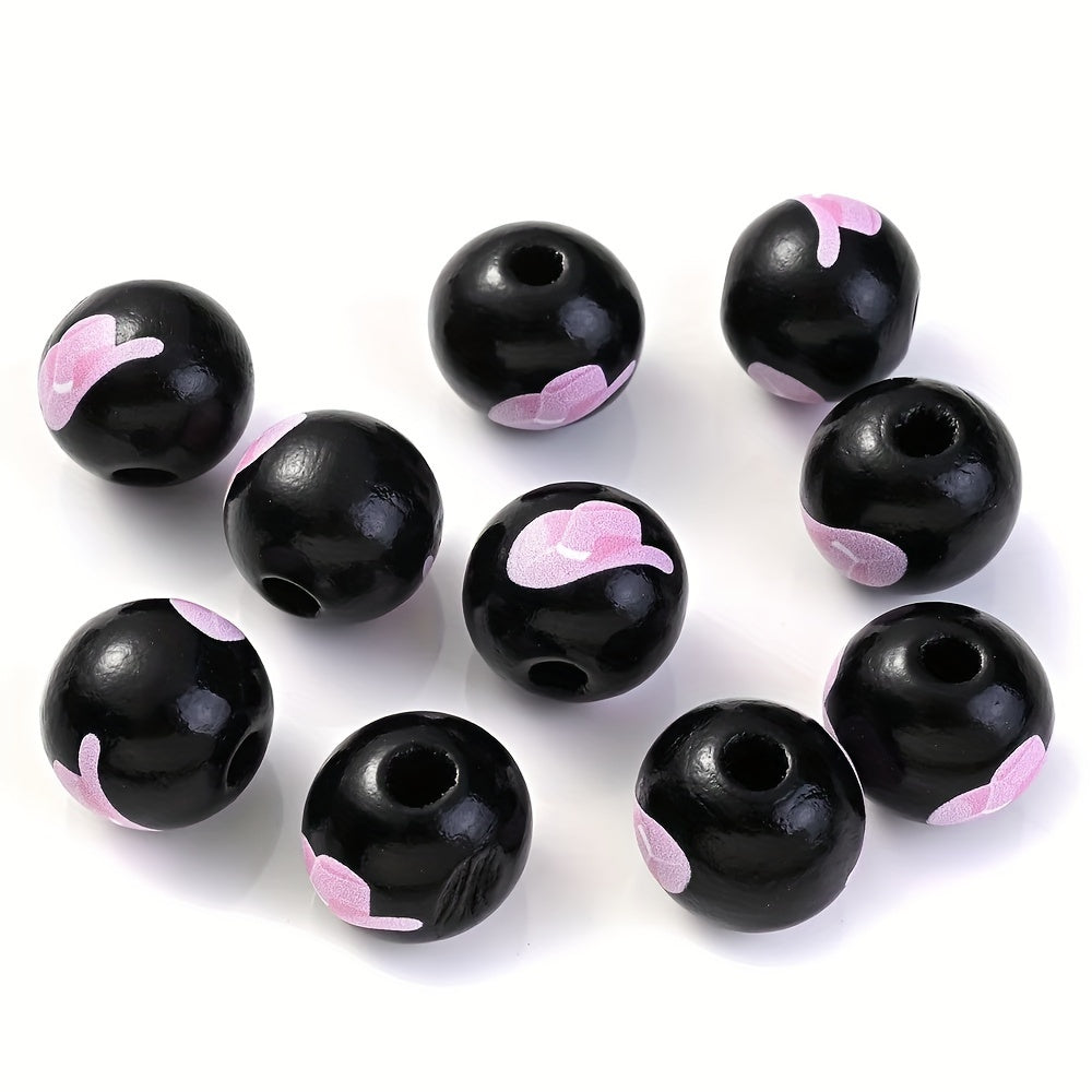 10PCS 16mm Black Bullhead Pattern Wooden Bead Set