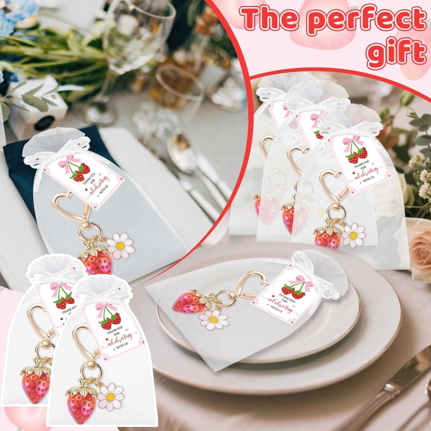 15PCS Red Strawberry Keychain Gift Set with Thank You Cards & Organza Bags