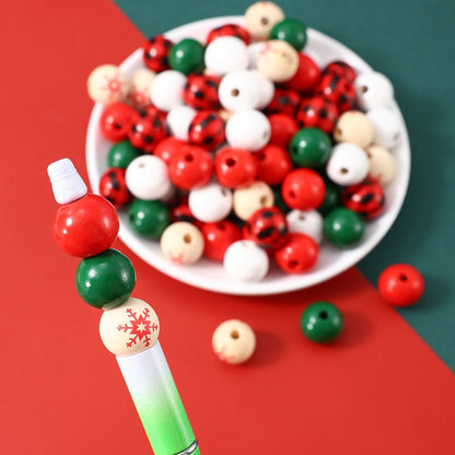 200-Piece 16 mm Mixed Christmas Wooden Beads with Hemp Rope