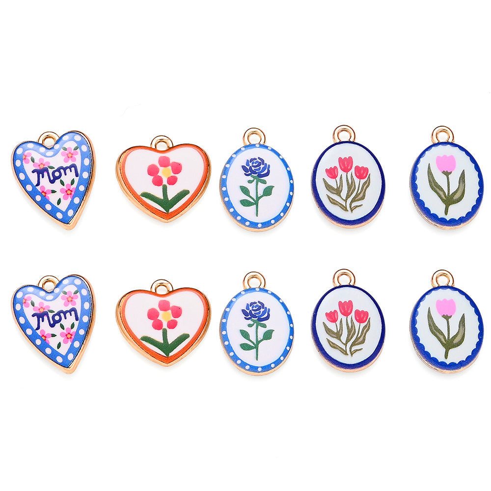 Vintage Oil Painting Heart Flower Pendant Charms