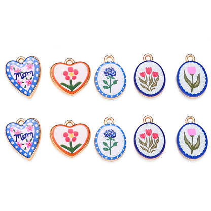 Vintage Oil Painting Heart Flower Pendant Charms