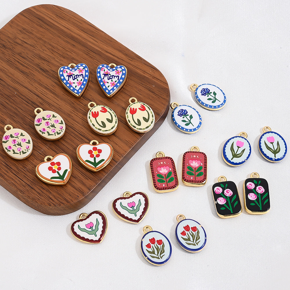 Vintage Oil Painting Heart Flower Pendant Charms
