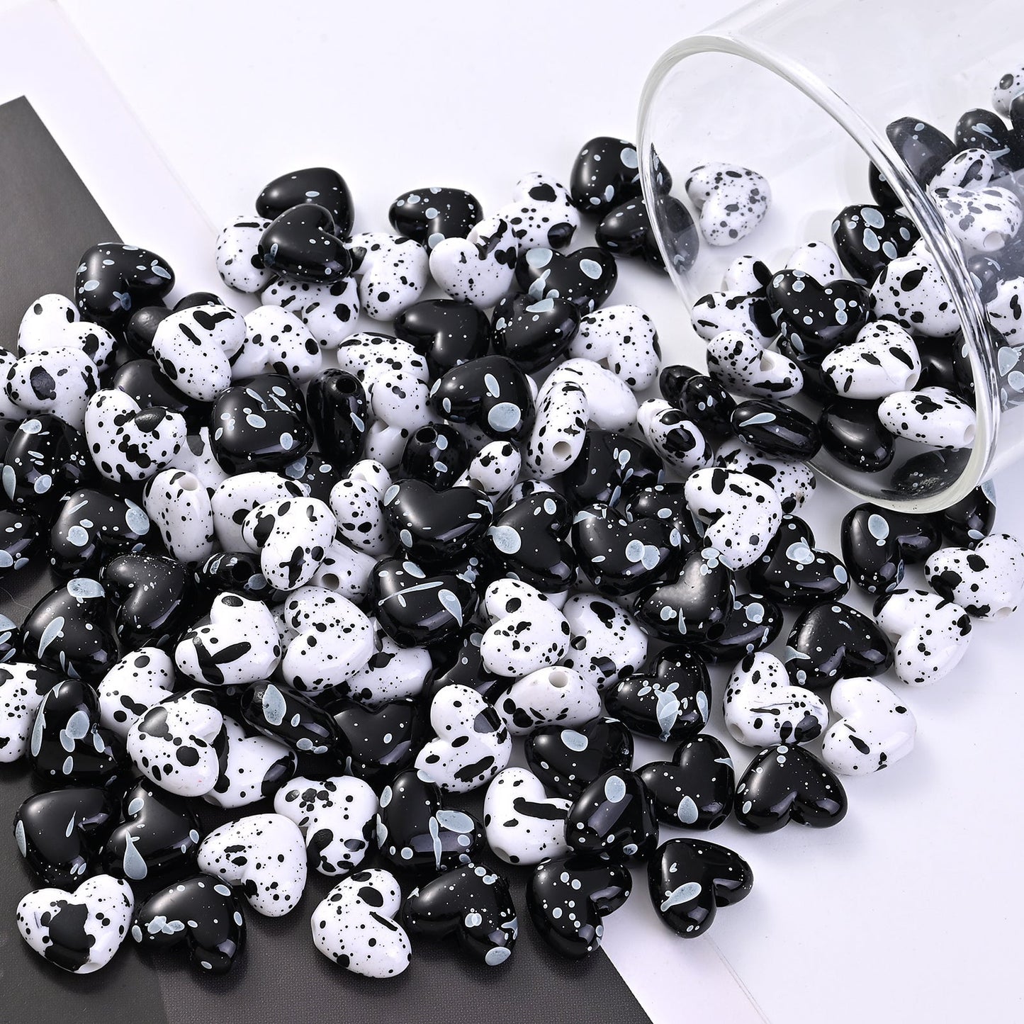 Black White Speckled Heart Acrylic Spacer Beads
