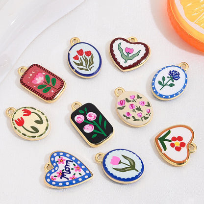 Vintage Oil Painting Heart Flower Pendant Charms