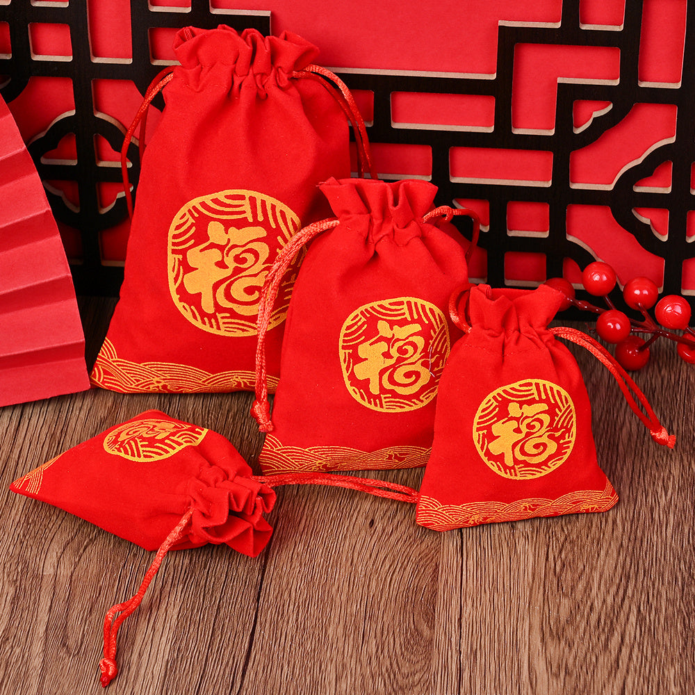 Red Chinese Fu Flocking Drawstring Gift Bags