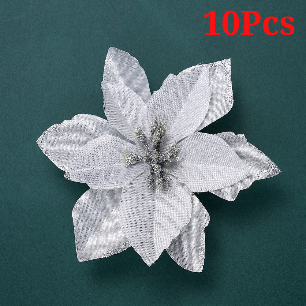 10PCS 13×13cm Gold & Red Glitter Christmas Flower Picks