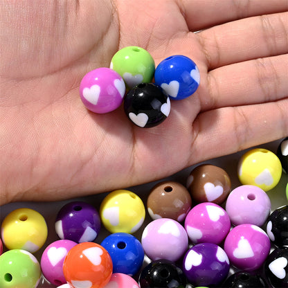 10pcs 16mm Mixed Color Acrylic Heart Pattern Round Beads