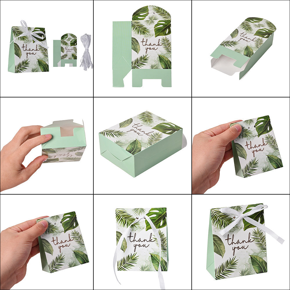 100-Piece Green Leaf Print Thank You Gift Packaging Bags