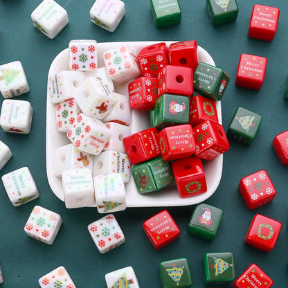 10PCS 14mm Multicolor Christmas Printed Square Acrylic Bead Set
