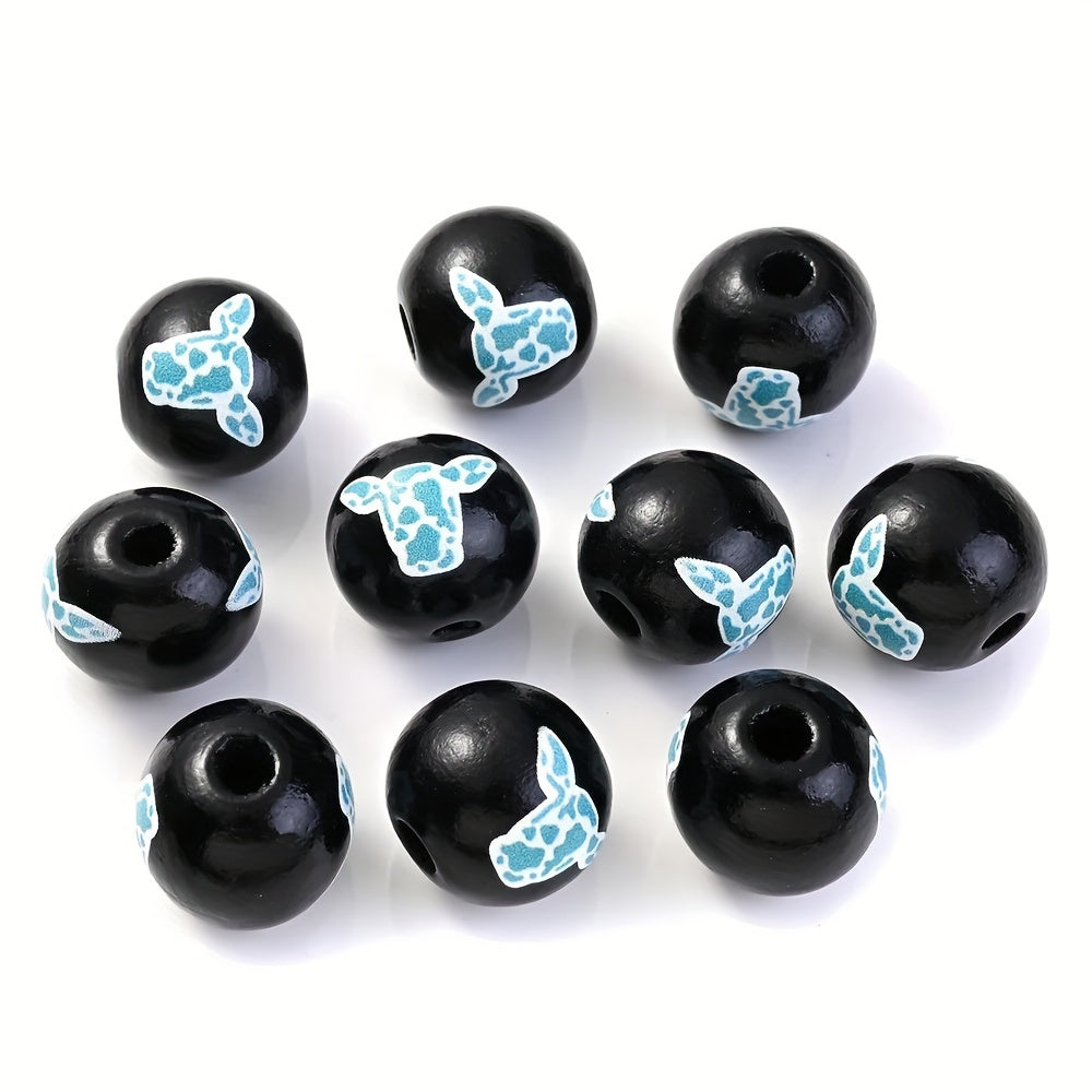 10PCS 16mm Black Bullhead Pattern Wooden Bead Set