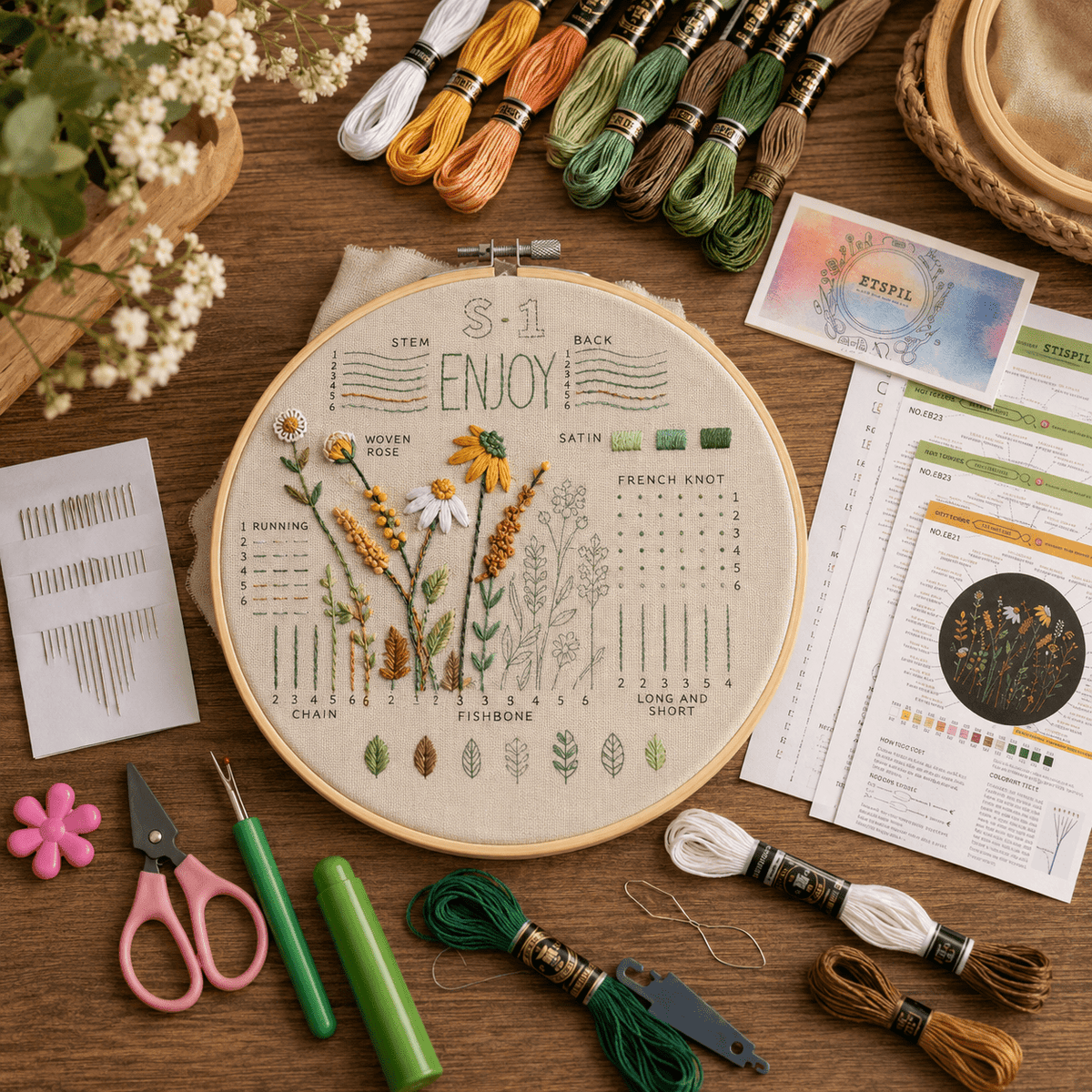 Flower Pattern Embroidery Stitches Practice Kit