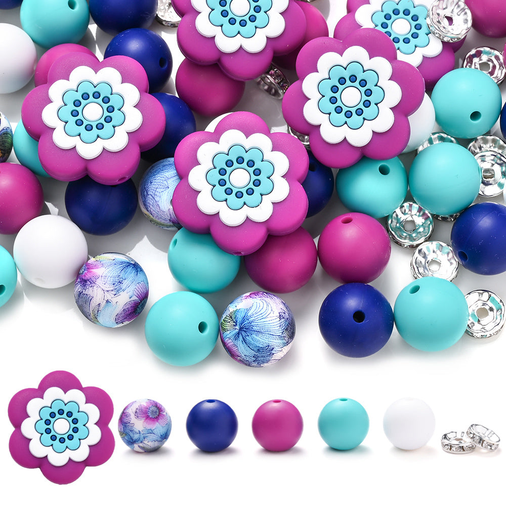 70pcs Flower Silicone Rhinestone Spacer Beads Set