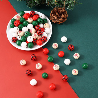 200-Piece 16 mm Mixed Christmas Wooden Beads with Hemp Rope
