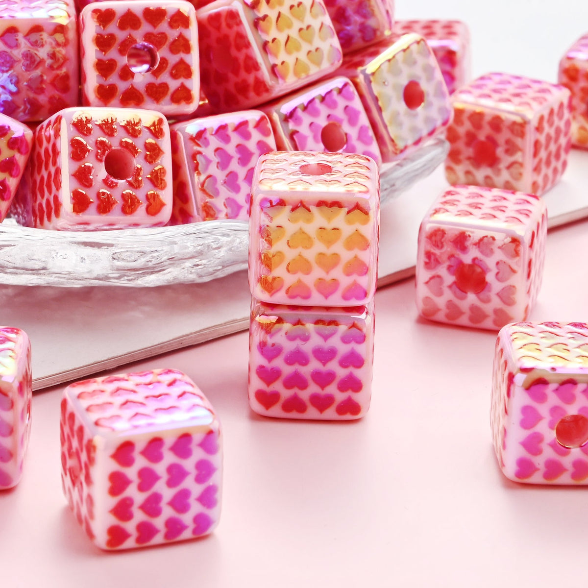Red Square Heart Acrylic Beads