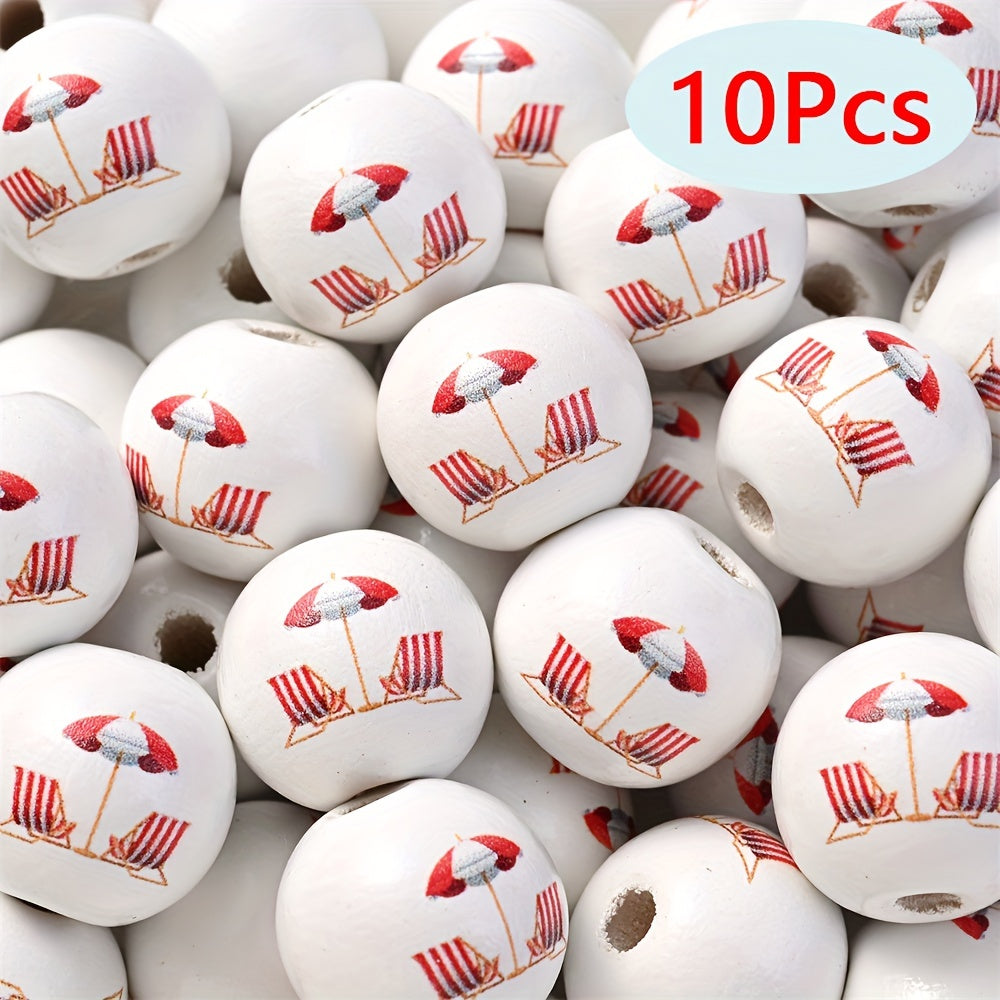 10PCS 16mm Beach-Themed Printed Wooden Bead Set