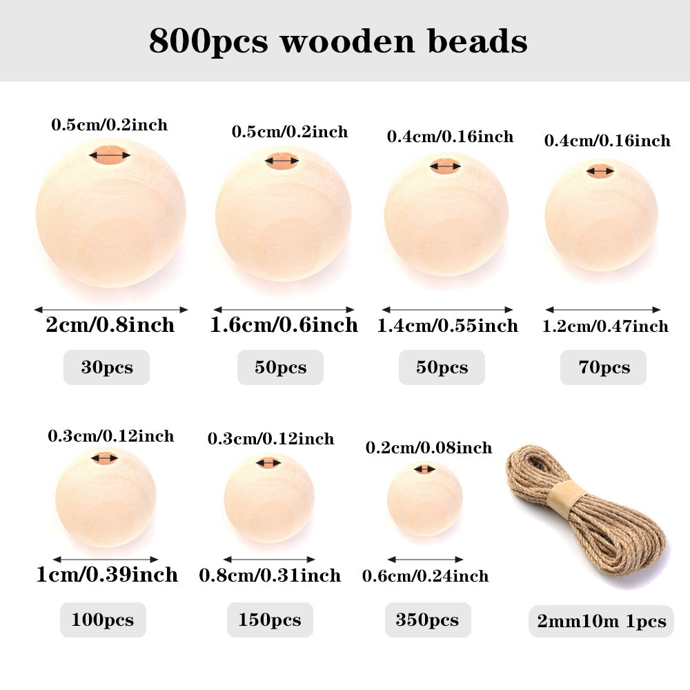 800PCS 6–20mm Natural Round Wooden Bead Set