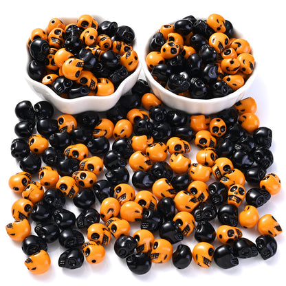 300pcs 9x12mm Halloween Skull Acrylic Beads Orange Black Small Goth Skull