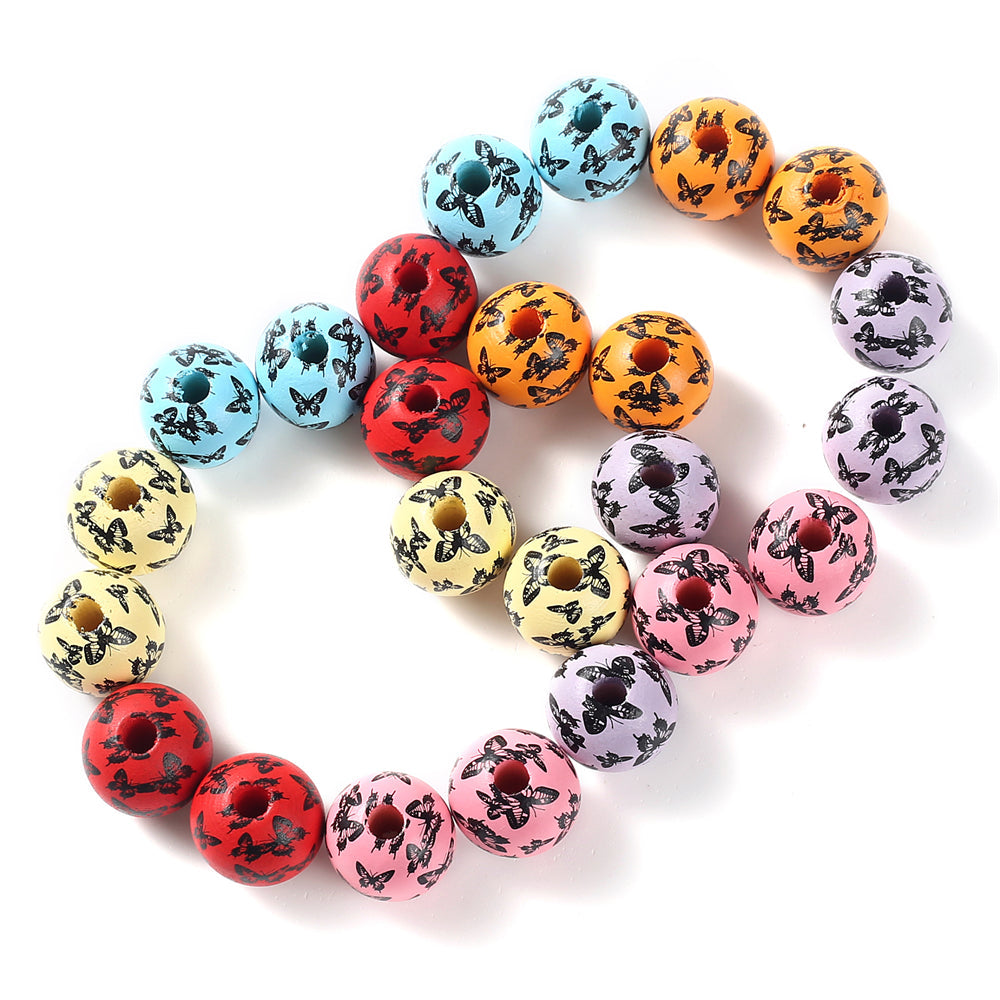 16 mm Colorful Butterfly Print Wooden Beads