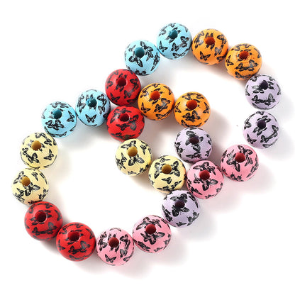 16 mm Colorful Butterfly Print Wooden Beads