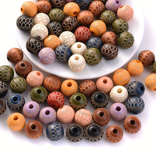 10PCS 10/16mm Fish Scale Engraved Wooden Bead Set