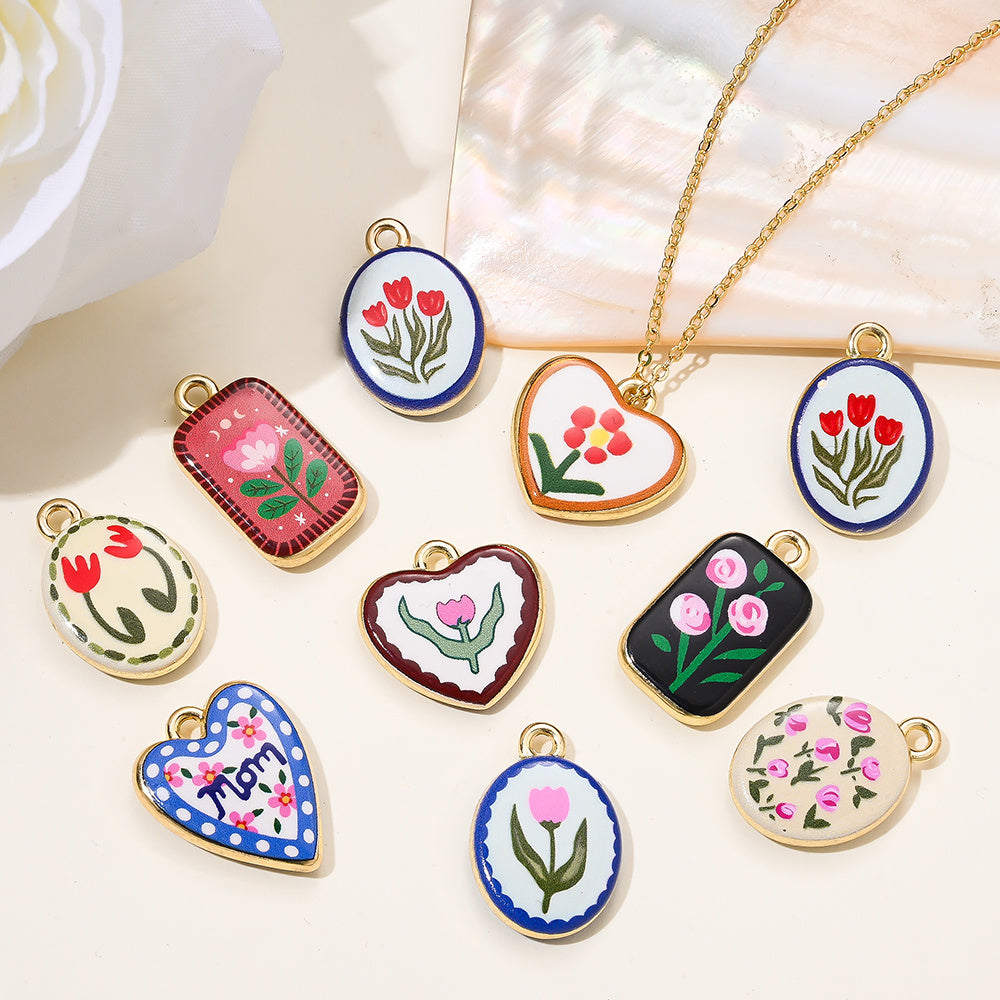 Vintage Oil Painting Heart Flower Pendant Charms