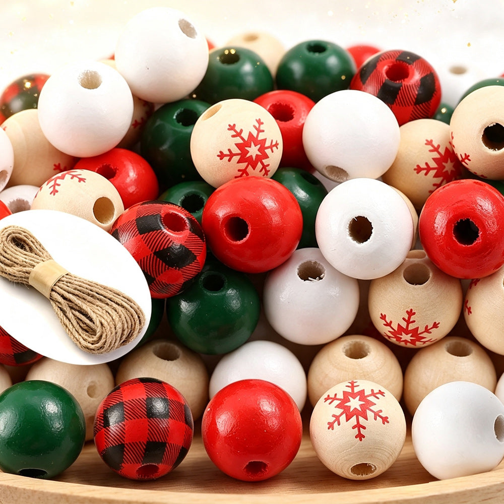 200-Piece 16 mm Mixed Christmas Wooden Beads with Hemp Rope