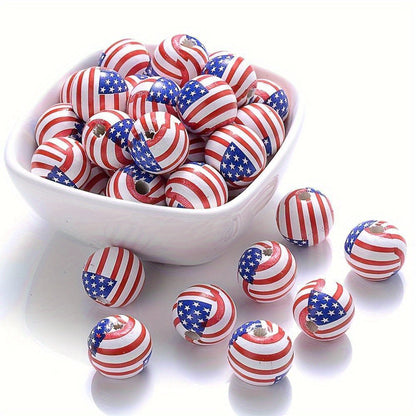 10PCS 16mm American Flag Round Wooden Bead Set
